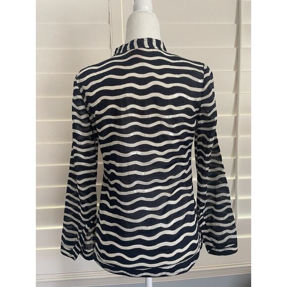 Tory Burch Sequined Tunic Top Navy White Striped Long Sleeve Blouse Popover 2 XS - Picture 2 of 14